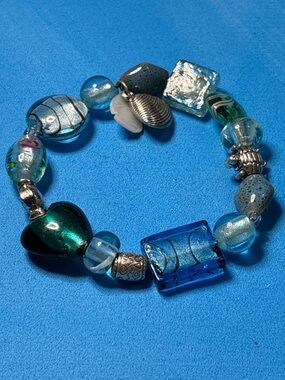 Blue & Teal Glass Bead Stretch Bracelet with Silver Charms